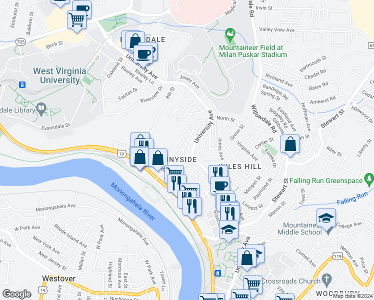 map of restaurants, bars, coffee shops, grocery stores, and more near in Morgantown