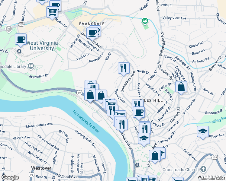 map of restaurants, bars, coffee shops, grocery stores, and more near in Morgantown