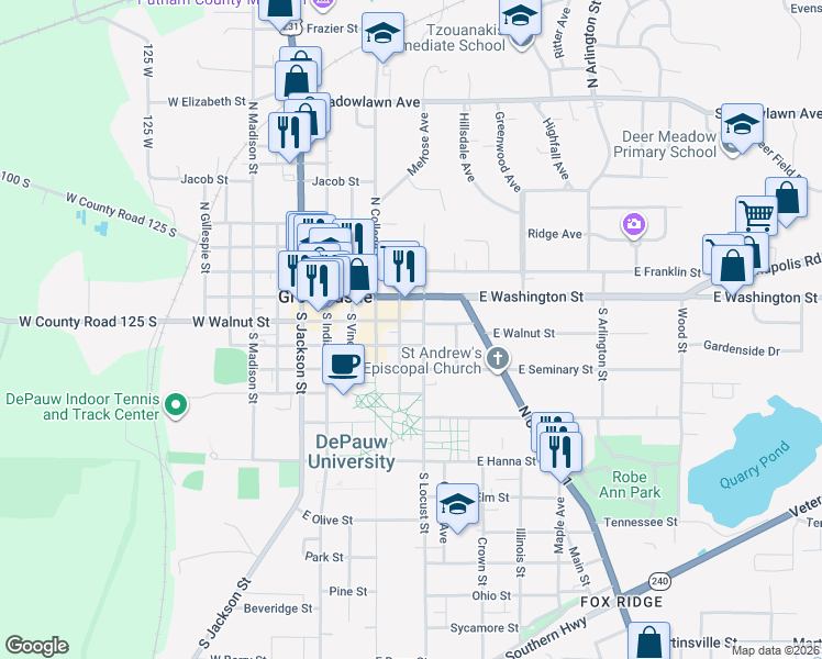 map of restaurants, bars, coffee shops, grocery stores, and more near 7 South Locust Street in Greencastle