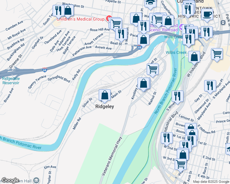 map of restaurants, bars, coffee shops, grocery stores, and more near 12 Martin Street in Ridgeley