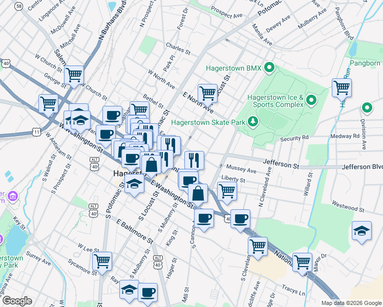 map of restaurants, bars, coffee shops, grocery stores, and more near 121 East Avenue in Hagerstown
