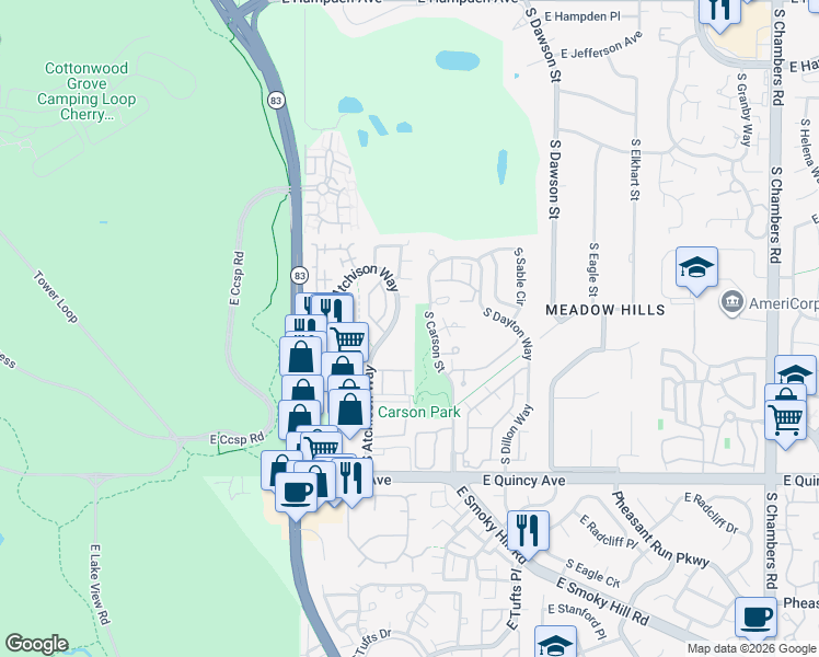 map of restaurants, bars, coffee shops, grocery stores, and more near 4060 South Atchison Way in Aurora