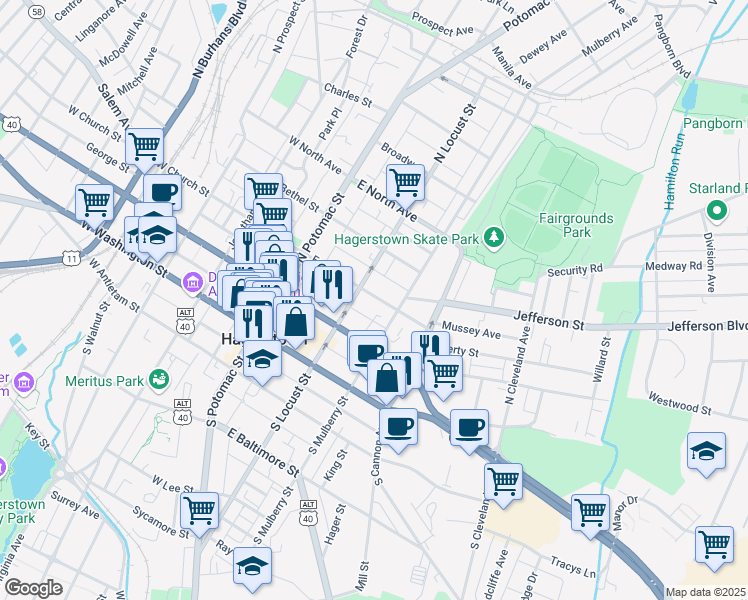 map of restaurants, bars, coffee shops, grocery stores, and more near 119 East Avenue in Hagerstown