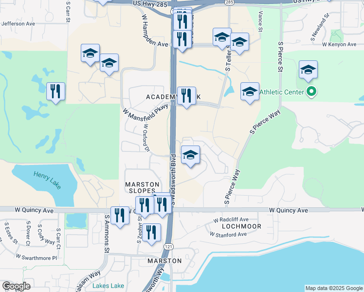 map of restaurants, bars, coffee shops, grocery stores, and more near 3950 South Wadsworth Boulevard in Lakewood