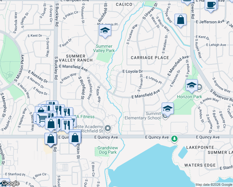 map of restaurants, bars, coffee shops, grocery stores, and more near 17602 East Loyola Drive in Aurora