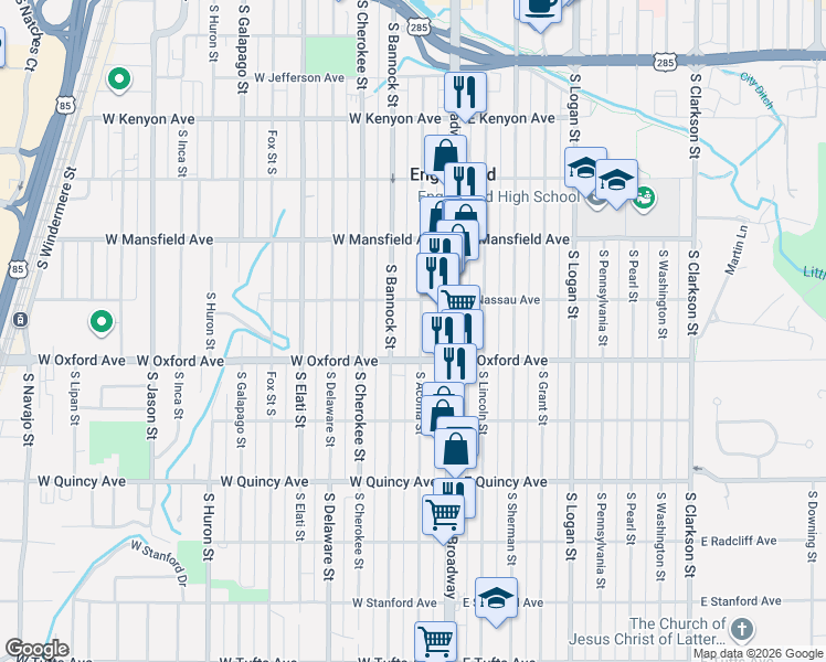 map of restaurants, bars, coffee shops, grocery stores, and more near 4050 South Bannock Street in Englewood