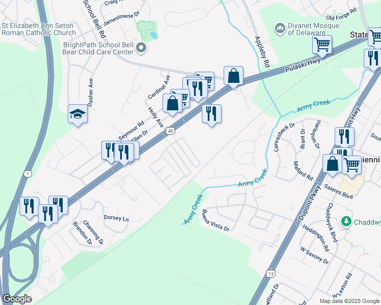 map of restaurants, bars, coffee shops, grocery stores, and more near 734 Pulaski Highway in Bear
