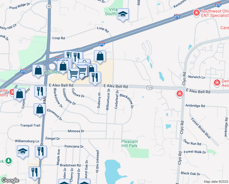 map of restaurants, bars, coffee shops, grocery stores, and more near 531 Cedarleaf Drive in Centerville