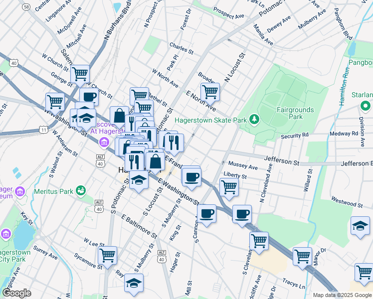 map of restaurants, bars, coffee shops, grocery stores, and more near 140 North Locust Street in Hagerstown