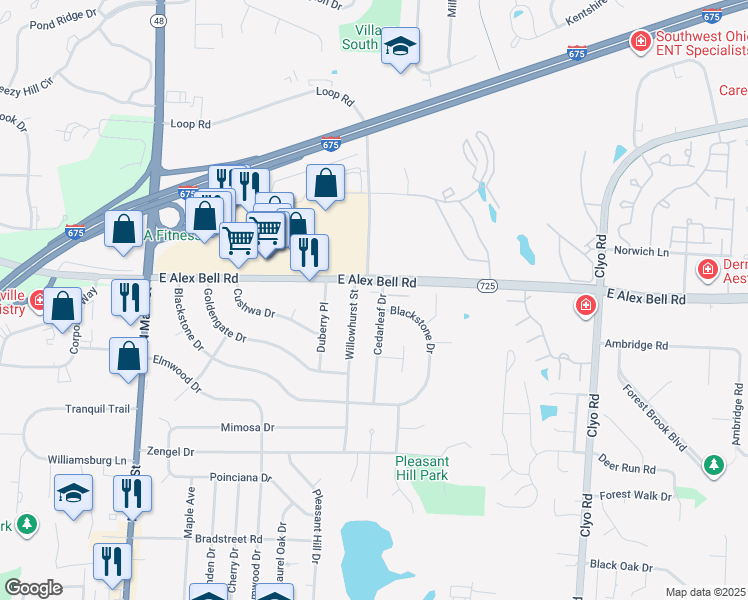 map of restaurants, bars, coffee shops, grocery stores, and more near 531 Cedarleaf Drive in Dayton