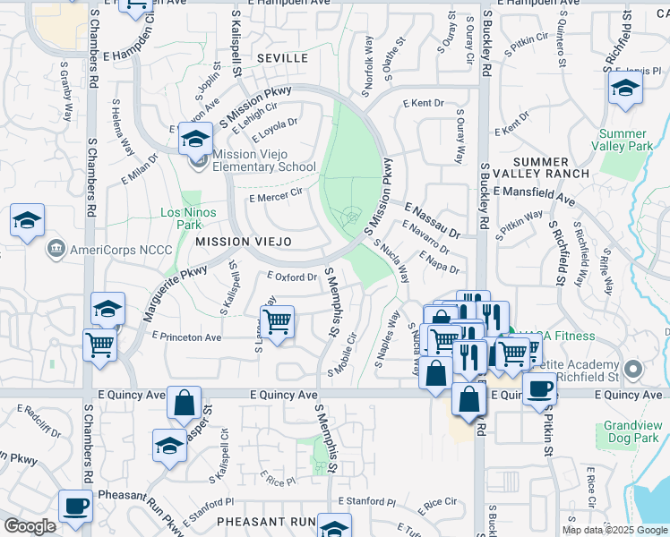 map of restaurants, bars, coffee shops, grocery stores, and more near 16298 East Nassau Drive in Aurora