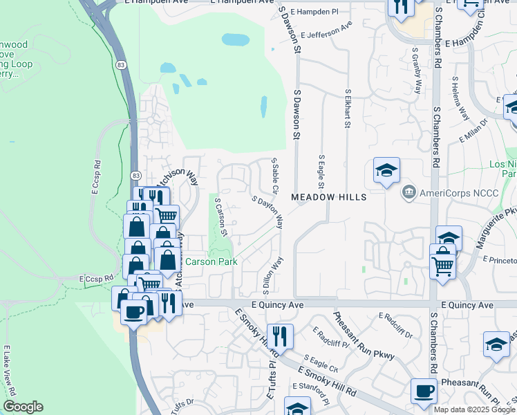 map of restaurants, bars, coffee shops, grocery stores, and more near 4045 South Dillon Way in Aurora