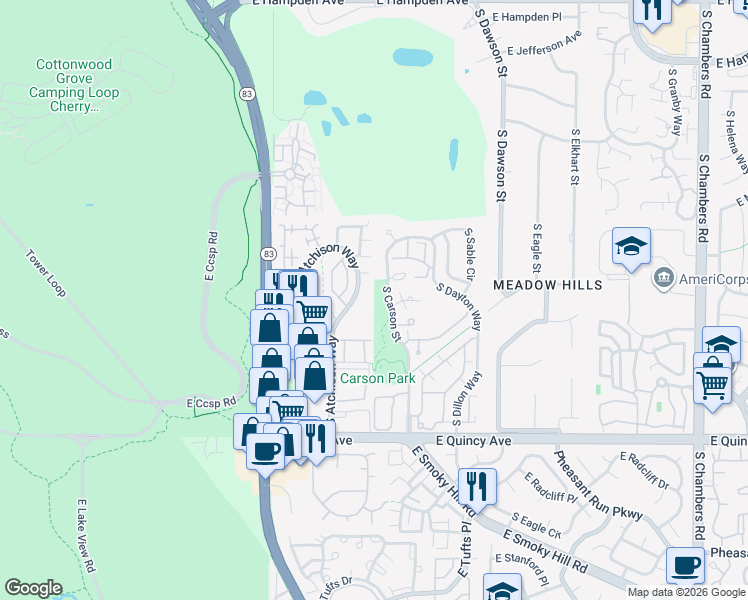 map of restaurants, bars, coffee shops, grocery stores, and more near 4060 South Atchison Way in Aurora