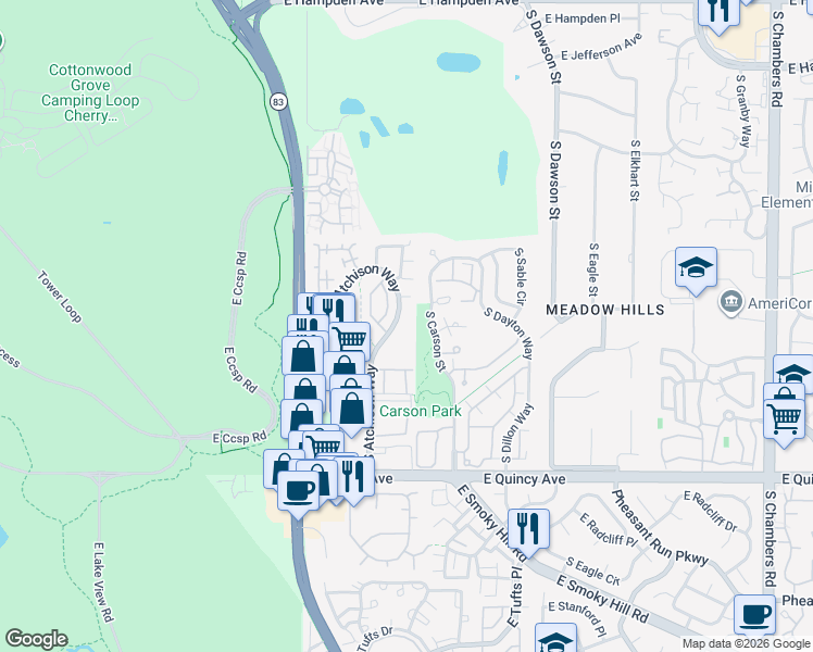 map of restaurants, bars, coffee shops, grocery stores, and more near 4060 South Atchison Way in Aurora
