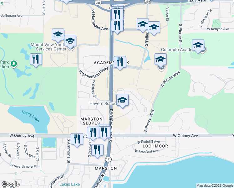 map of restaurants, bars, coffee shops, grocery stores, and more near 3950 South Wadsworth Boulevard in Lakewood
