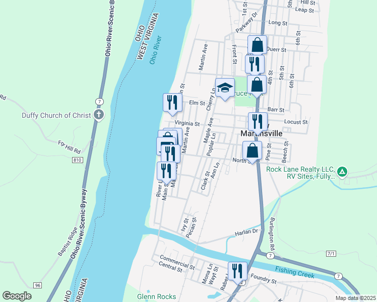map of restaurants, bars, coffee shops, grocery stores, and more near 301-399 Martin Avenue in New Martinsville