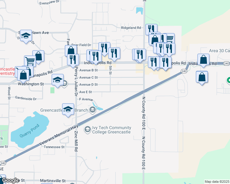 map of restaurants, bars, coffee shops, grocery stores, and more near 1102 Avenue D Street in Greencastle