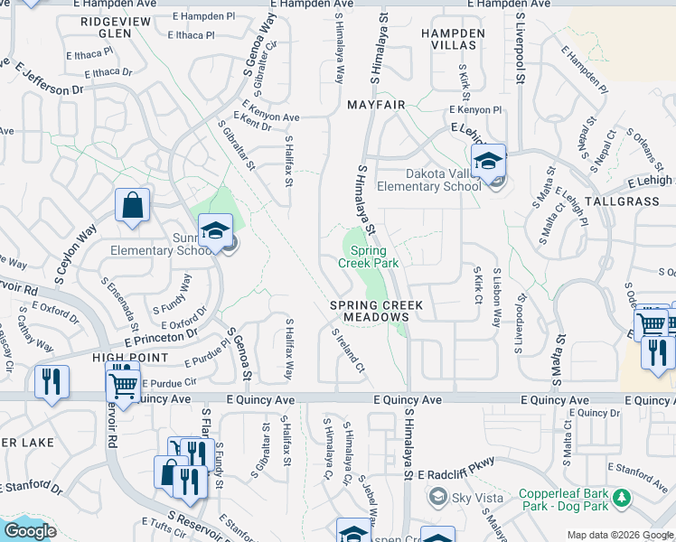 map of restaurants, bars, coffee shops, grocery stores, and more near 4055 South Himalaya Circle in Aurora