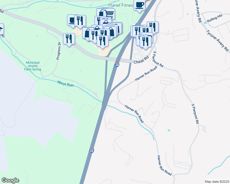 map of restaurants, bars, coffee shops, grocery stores, and more near 156 Harner Run Road in Morgantown