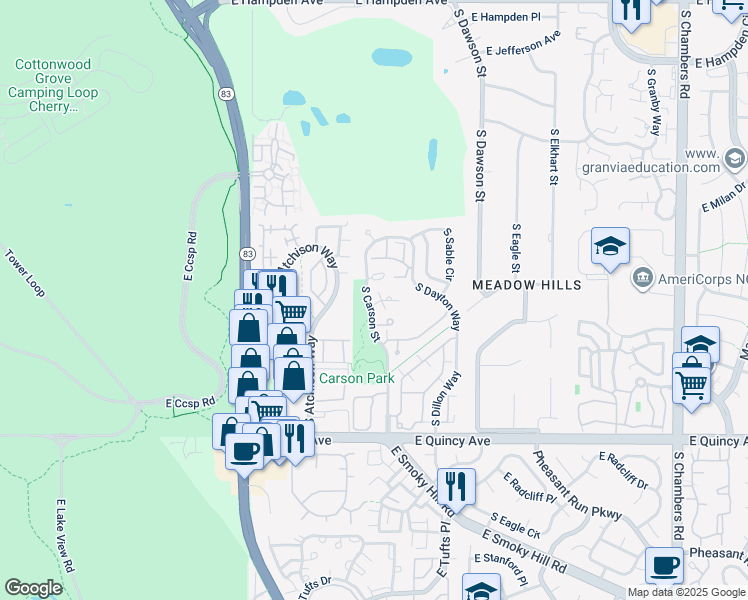 map of restaurants, bars, coffee shops, grocery stores, and more near 4054 South Carson Street in Aurora