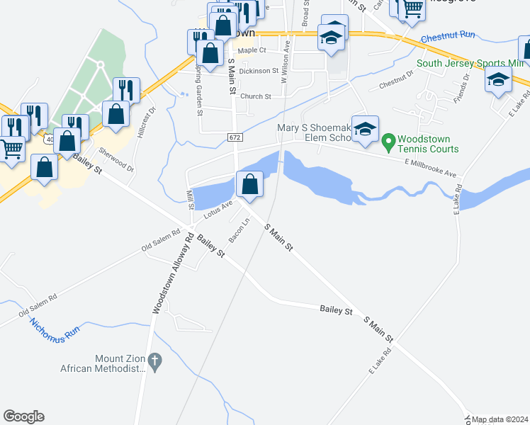 map of restaurants, bars, coffee shops, grocery stores, and more near 345 South Main Street in Woodstown