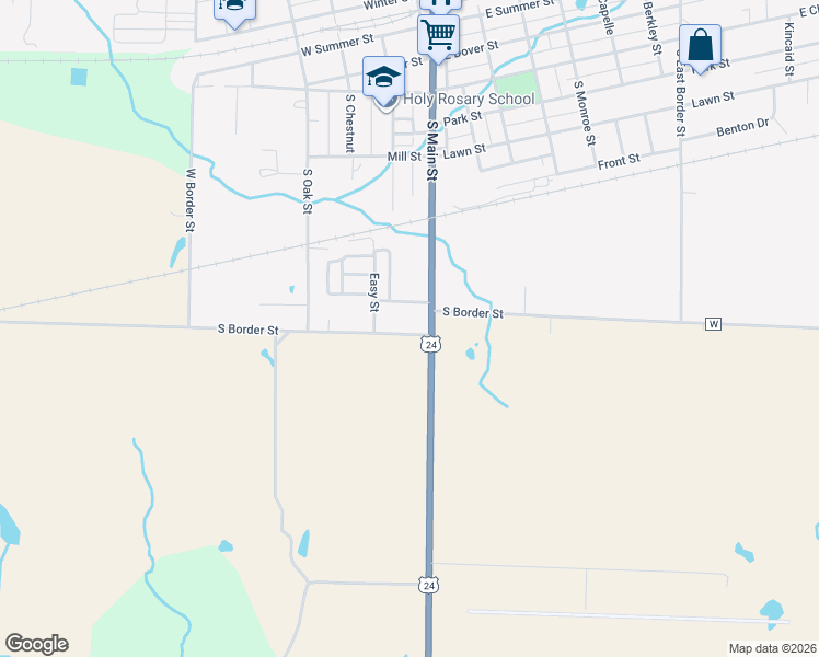 map of restaurants, bars, coffee shops, grocery stores, and more near 106 West South Border Street in Monroe City