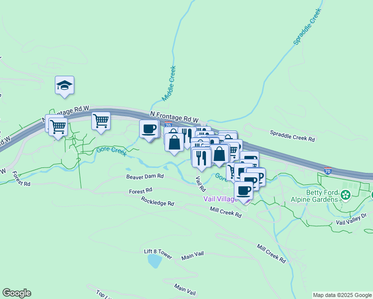 map of restaurants, bars, coffee shops, grocery stores, and more near Vail Road in Vail