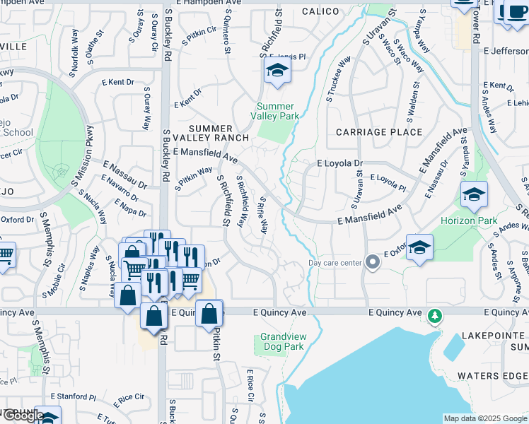 map of restaurants, bars, coffee shops, grocery stores, and more near 4044 South Rifle Way in Aurora