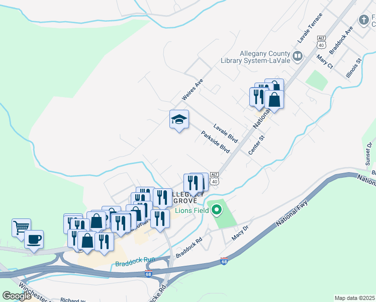 map of restaurants, bars, coffee shops, grocery stores, and more near 15 Warfield Place in La Vale