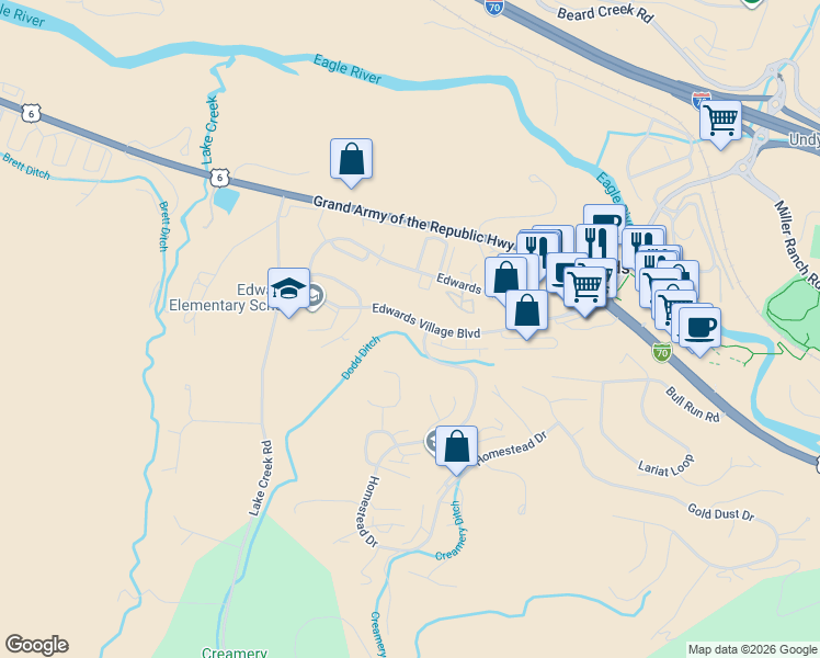 map of restaurants, bars, coffee shops, grocery stores, and more near 406 Edwards Village Boulevard in Edwards