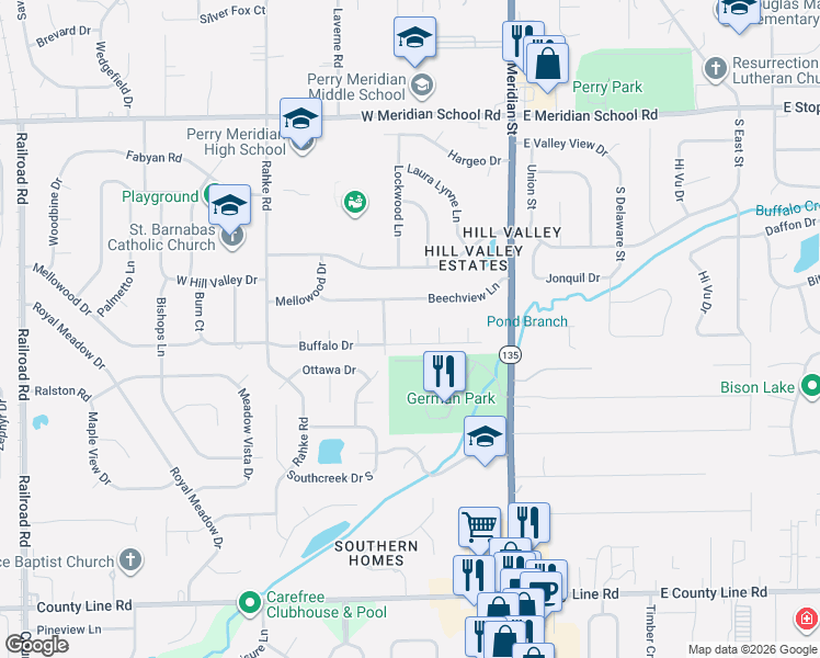 map of restaurants, bars, coffee shops, grocery stores, and more near 8400 Cheyenne Court in Indianapolis