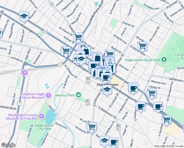 map of restaurants, bars, coffee shops, grocery stores, and more near in Hagerstown