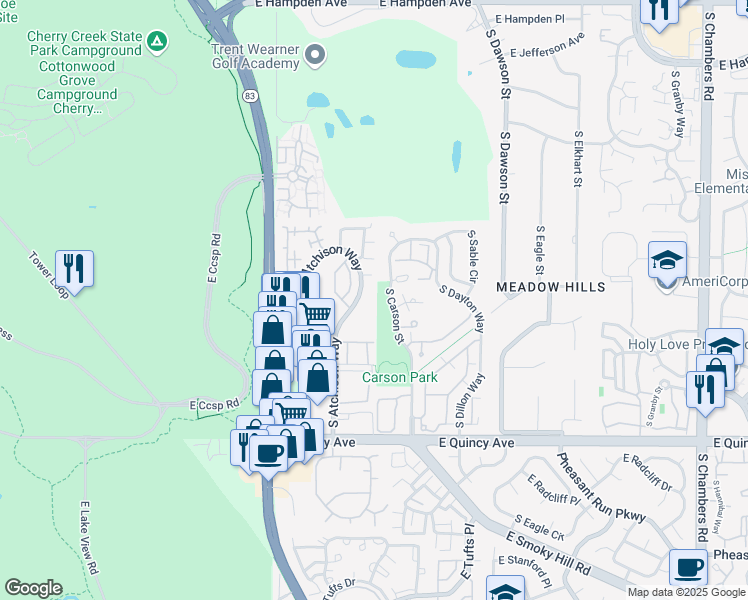 map of restaurants, bars, coffee shops, grocery stores, and more near 4060 South Atchison Way in Aurora