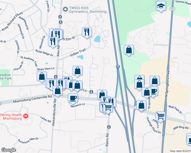 map of restaurants, bars, coffee shops, grocery stores, and more near 31 Kerry Court in West Carrollton