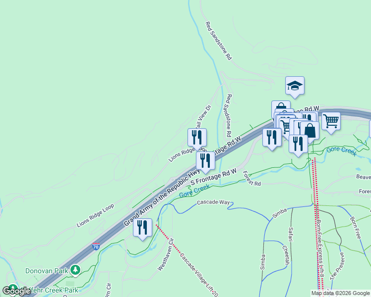 map of restaurants, bars, coffee shops, grocery stores, and more near 1121 Vail View Drive in Vail