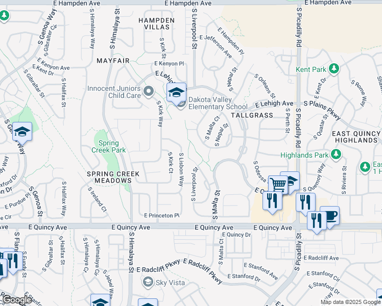 map of restaurants, bars, coffee shops, grocery stores, and more near 21152 East Nassau Avenue in Aurora