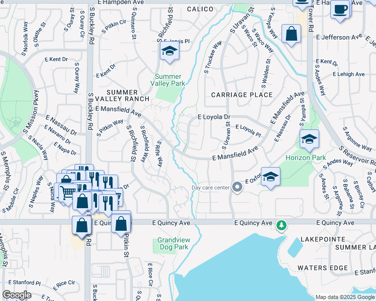 map of restaurants, bars, coffee shops, grocery stores, and more near 17602 East Loyola Drive in Aurora