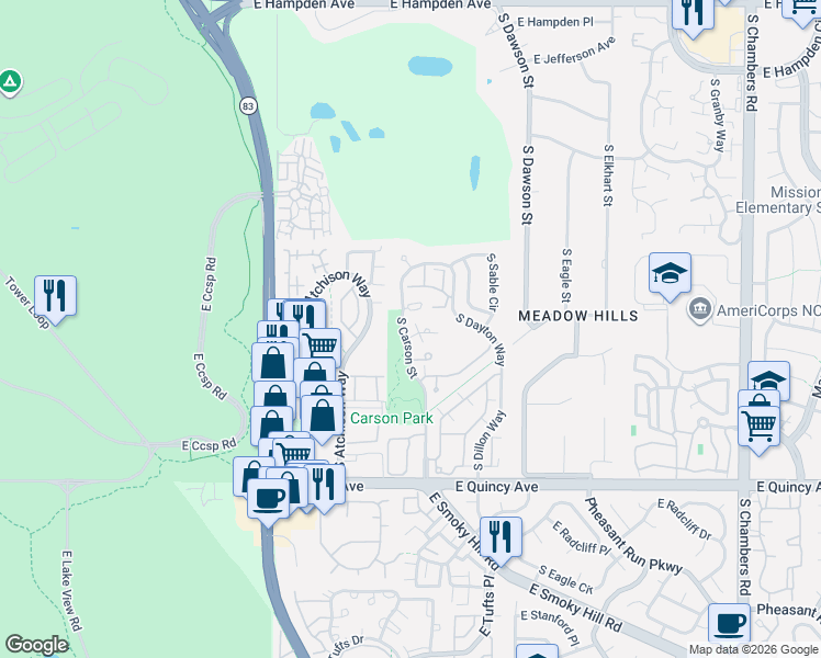 map of restaurants, bars, coffee shops, grocery stores, and more near 4056 South Carson Street in Aurora