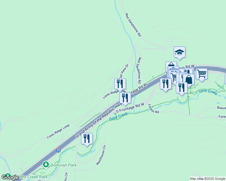 map of restaurants, bars, coffee shops, grocery stores, and more near 1121 Vail View Drive in Vail