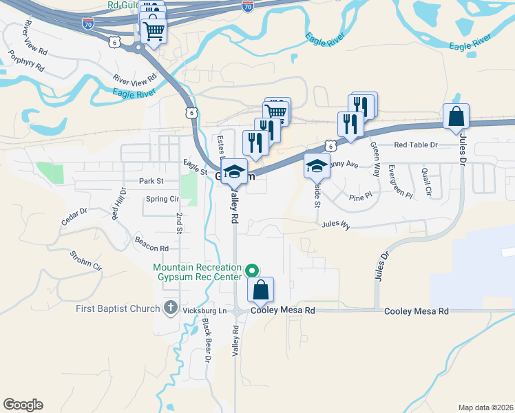 map of restaurants, bars, coffee shops, grocery stores, and more near Jules Dr in Gypsum