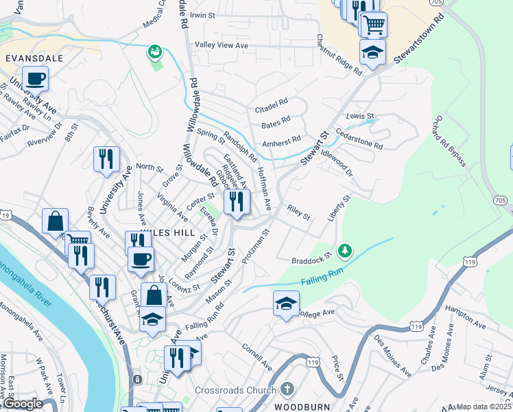 map of restaurants, bars, coffee shops, grocery stores, and more near 123 Hoffman Avenue in Morgantown