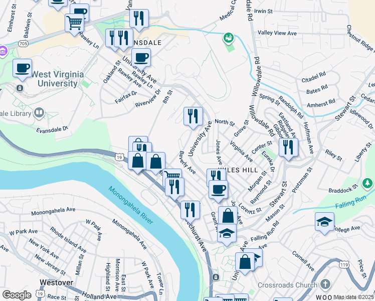 map of restaurants, bars, coffee shops, grocery stores, and more near in Morgantown