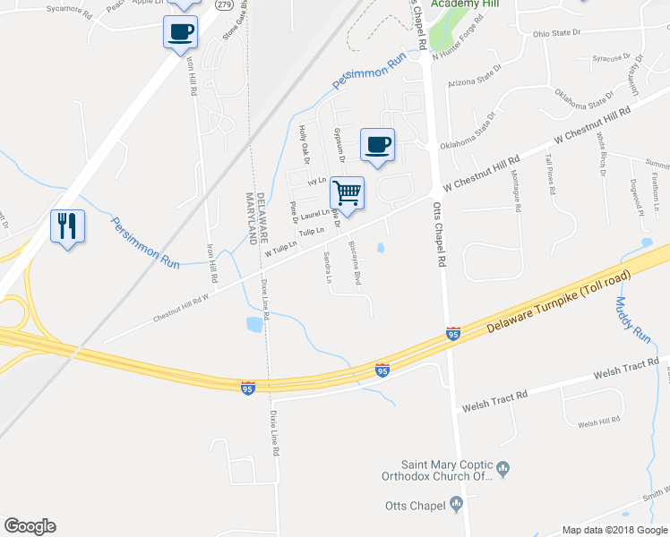 map of restaurants, bars, coffee shops, grocery stores, and more near 1 Sandra Lane in Newark