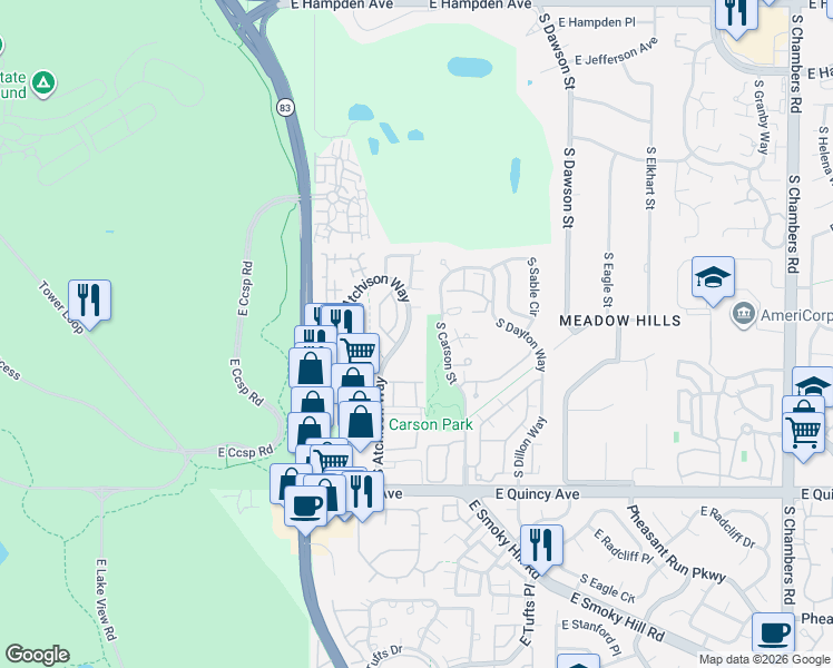 map of restaurants, bars, coffee shops, grocery stores, and more near 4060 South Atchison Way in Aurora
