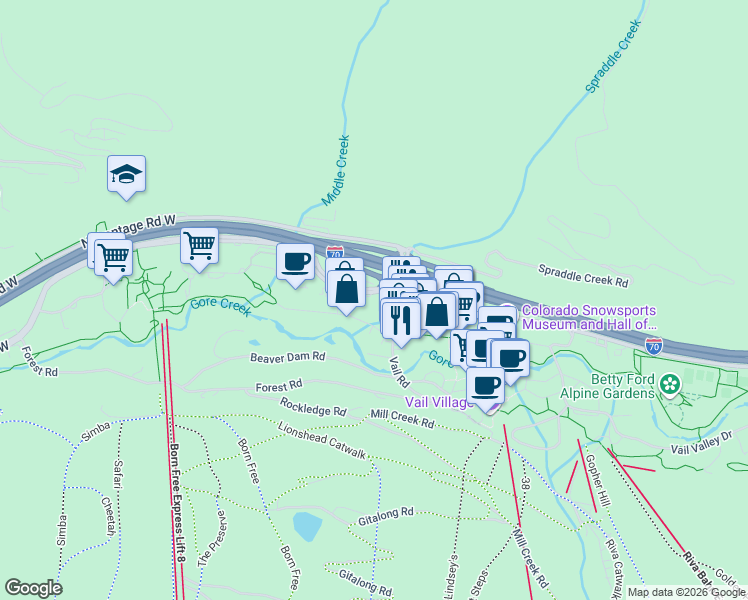 map of restaurants, bars, coffee shops, grocery stores, and more near in Vail