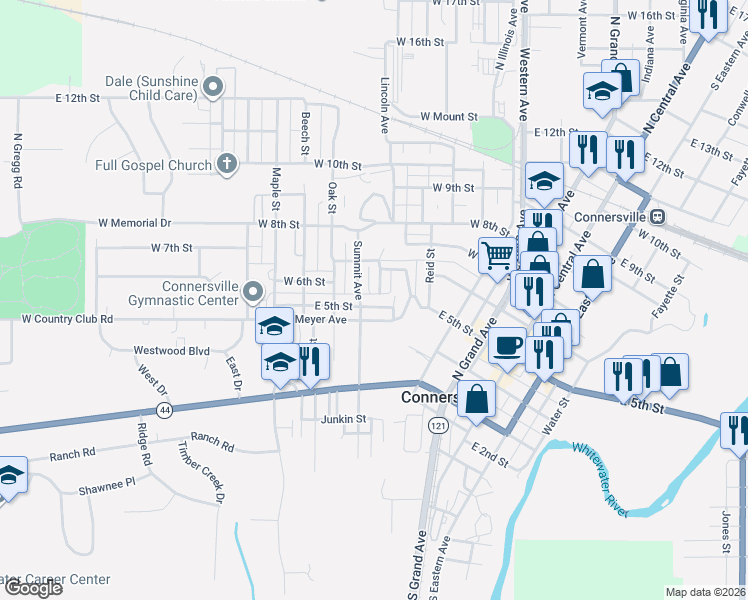 map of restaurants, bars, coffee shops, grocery stores, and more near 602 Summit Avenue in Connersville