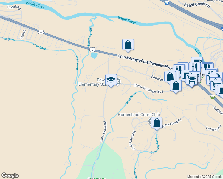 map of restaurants, bars, coffee shops, grocery stores, and more near 22 Meile Lane in Edwards