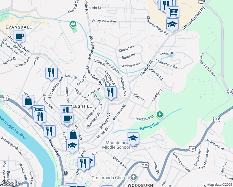 map of restaurants, bars, coffee shops, grocery stores, and more near 123 Hoffman Avenue in Morgantown
