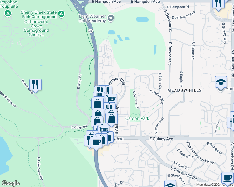 map of restaurants, bars, coffee shops, grocery stores, and more near 4069 South Abilene Circle in Aurora