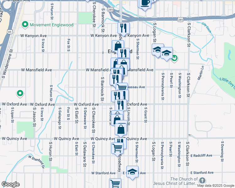 map of restaurants, bars, coffee shops, grocery stores, and more near in Englewood